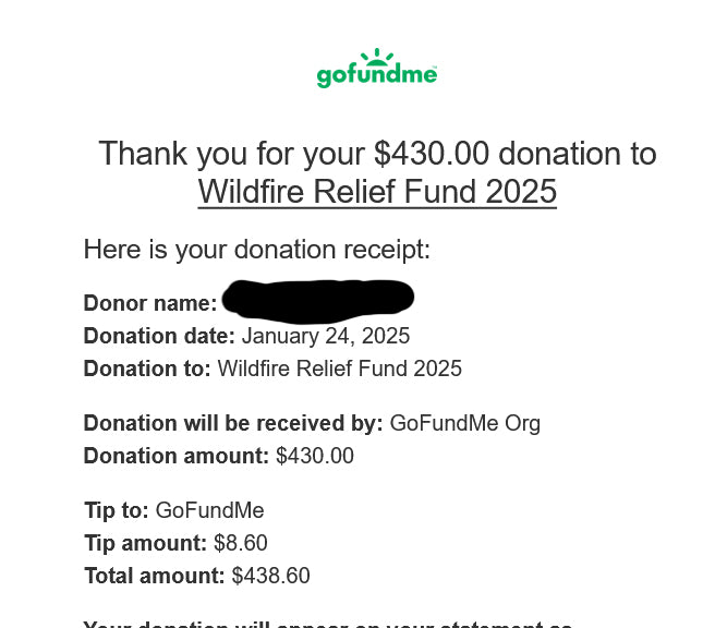 WILDFIRE RELIEF FUND DONATION RECEIPT