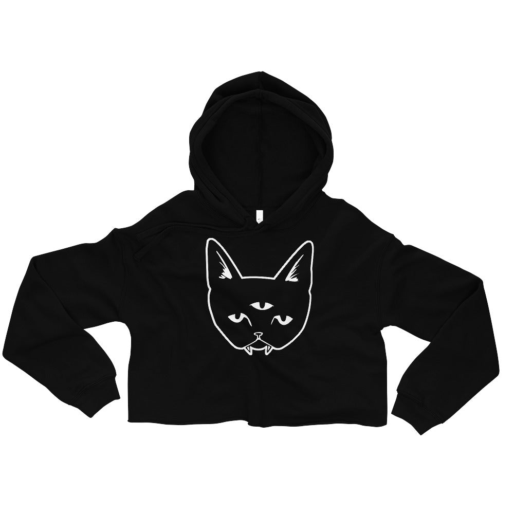 THREE EYED CAT cropped raw hem hoodie