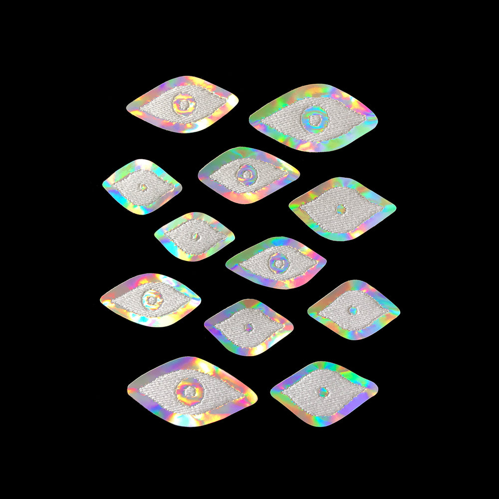 EXTRA EYES holographic silver sew on patch set - glow in the dark
